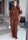 Long-Sleeved Solid Button Up Top Fashionable Ripped High-Waisted Trousers Two-Piece Set