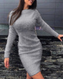 Women's Fall Winter Plush Slim Waist Long Sleeve Dress