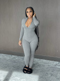 Women's Solid Color Zipper Long Sleeve Tight Fitted Jumpsuit Sexy Nightclub Outfit