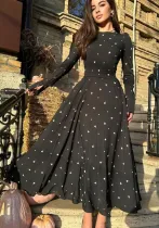 Autumn Fashion Chic Printed Long Sleeve High Waist Belted Women's Long Dress