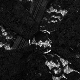 Women Autumn Solid Hollow Patchwork Long Sleeve Gloves Lace Jumpsuit