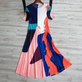 Women Summer Contrast Color Pleated Short Sleeve Dress