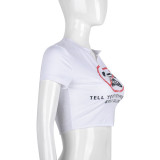 Women Sexy Crop Printed V-Neck Short Sleeve T-Shirt