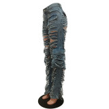 Women's Fashion Sexy Ripped Hollow Washed Jeans Pocket Cargo Denim Pants