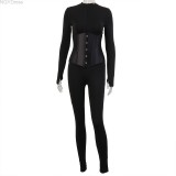 Women's Autumn Solid Color Corset Zipper Tight Fitting Casual Jumpsuit Two Piece Set