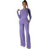 Sexy Fashionable Solid Color Round Neck Long Sleeve Two-Piece Pants Set