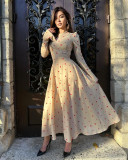 Autumn Fashion Chic Printed Long Sleeve High Waist Belted Women's Long Dress