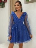 Women V-Neck Patchwork Mesh Formal Party Sequined Puff Sleeve Dress
