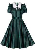 Women Striped Peter Pan Collar Lace-Up Puff Short Sleeve Vintage Dress