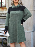 Plus Size Women High Neck Knitting Color Block Loose Casual Dress