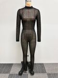 Women Sexy See-Through Mesh Bodycon Long Sleeve Jumpsuit