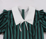 Women Striped Peter Pan Collar Lace-Up Puff Short Sleeve Vintage Dress