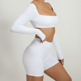 Women Sports Fitness Square Neck Long Sleeve Top and Shorts Yoga Two-piece Set