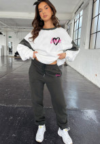 Women Heart Print Color Block Top and Casual Pants Set