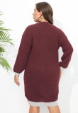 Plus Size Women V Neck Contrast Patchwork Long Sleeve Bodycon Sweater Dress
