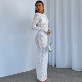 Women Solid lace See-Through Long Sleeve Maxi Dress