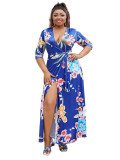 Women V-neck Half-Sleeve Slit Dress Bohemian Beach Maxi Dress