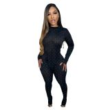Women Sexy See-Through Mesh Bodycon Long Sleeve Jumpsuit