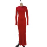 Women Solid Long Sleeve Bodycon Slit Dress