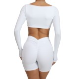 Women Sports Fitness Square Neck Long Sleeve Top and Shorts Yoga Two-piece Set