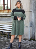 Plus Size Women High Neck Knitting Color Block Loose Casual Dress