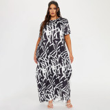 Plus Size Women Abstract Print Black and White Casual Loose Dress