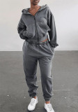 Women Solid Pocket Zip Gray Sports Hoodies and Pants Two-Piece Set