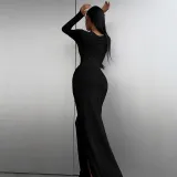 Women Solid Long Sleeve Bodycon Slit Dress