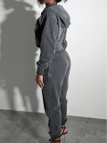Women Solid Pocket Zip Gray Sports Hoodies and Pants Two-Piece Set