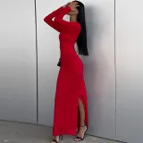 Women Solid Long Sleeve Bodycon Slit Dress
