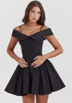 Winter Off Shoulder Slim Waist Solid Color Sexy Short Dress