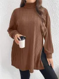 Plus Size Women High Neck Slit Knitting T-Shirt