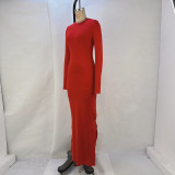 Women Solid Long Sleeve Bodycon Slit Dress