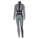 Women's Winter Fashion Printed Crop Long Sleeve Top Slim Fit Tight Pants Two Piece Set