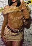 Women's Autumn And Winter Fashionable Off Shoulder Fur Collar Patchwork Long Sleeve Top