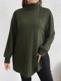 Plus Size Women High Neck Slit Knitting T-Shirt