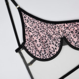 Women leopard print mesh patchwork See-Through Mesh body-shaping bodysuit sexy lingerie