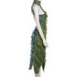 Autumn Women's Sexy High Neck Sleeveless Tassel See-Through High Waist Slim Long Dress