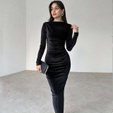 Women's Winter Fashion Solid Color Slim Pleated Round Neck Long Sleeve Dress