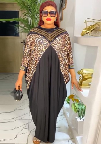 Muslim African Beaded Casual Round Neck Dress Women's Plus Size Leopard Print Robe