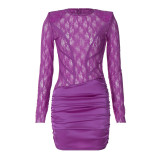 Women's Winter Sexy Lace Patchwork See-Through Low Back Long Sleeve Bodycon Dress