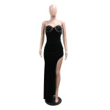 Fashion Sexy Strapless High Slit Solid Color Beaded Dress For Women
