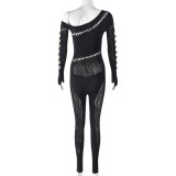 Women's One-Piece Autumn And Winter Slash Shoulder Hollow Long Sleeve Sexy Jumpsuit