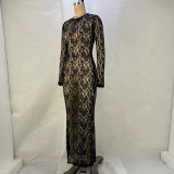 Women Solid lace See-Through Long Sleeve Maxi Dress