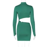 Women's Winter Fashion Sexy Hollow Slim High Neck Long Sleeve Dress