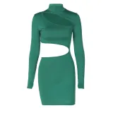 Women's Winter Fashion Sexy Hollow Slim High Neck Long Sleeve Dress