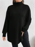 Plus Size Women High Neck Slit Knitting T-Shirt