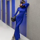 Women Solid Long Sleeve Bodycon Slit Dress