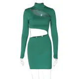 Women's Winter Fashion Sexy Hollow Slim High Neck Long Sleeve Dress