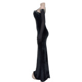 Women Solid Sexy Strapless Beaded Maxi Dress
